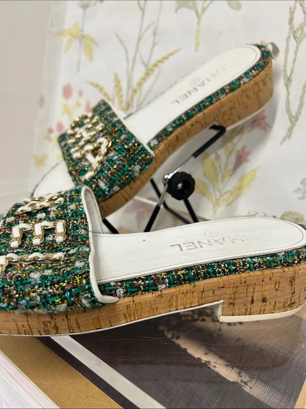 CHANEL Green Tweed Espadrille Slide Sandals with Gold Chain Logo